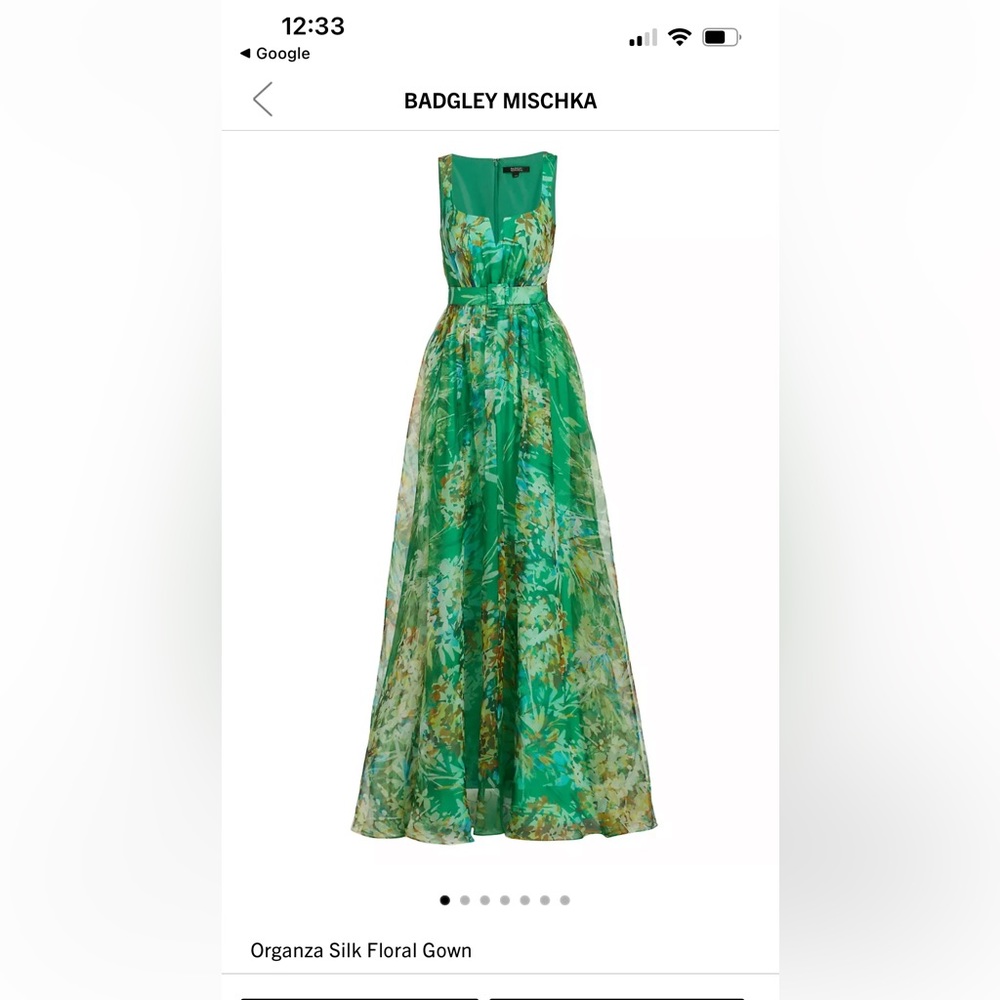 Badgley Mischka’s lux organza silk gown,  features a fit & flair silhouette
